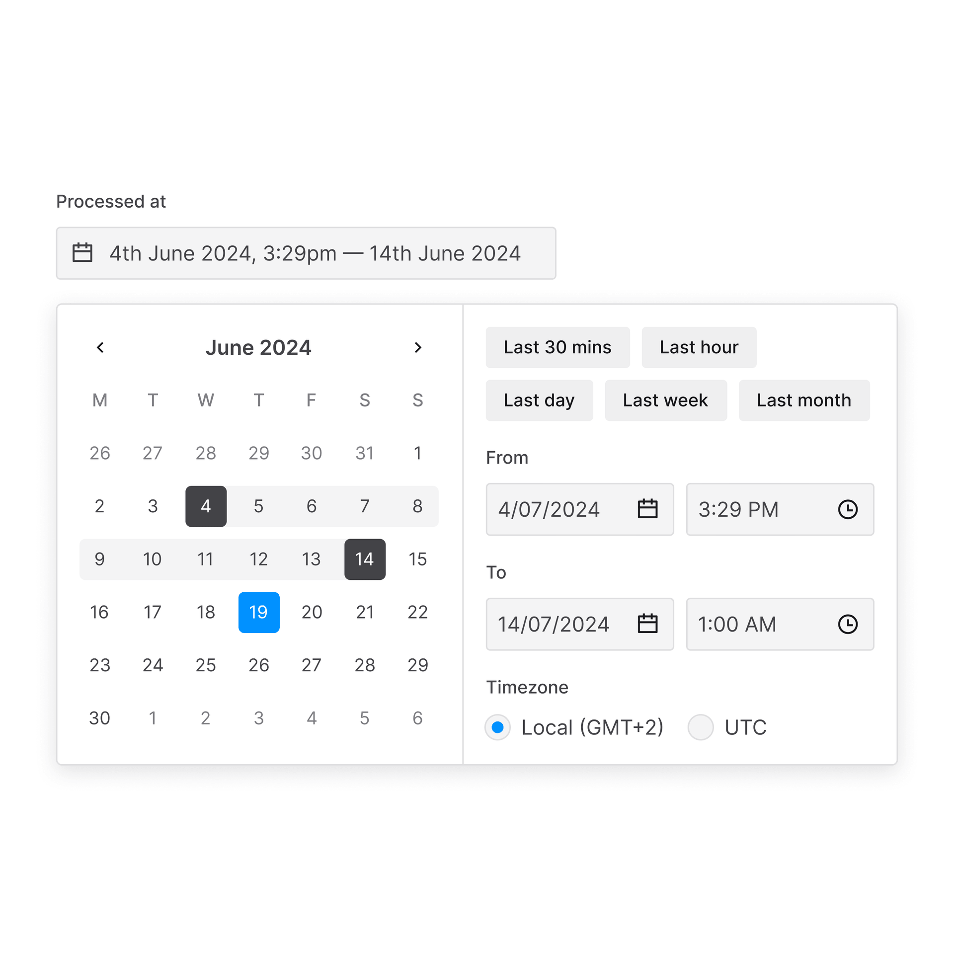 Date + time range selector